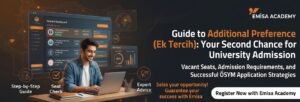 A wide banner image from Emisa Academy showing a male student using a laptop and looking at a large digital dashboard. Floating screens display university options (Turkish University, Turkiske University, Turklan University), available seats, and charts. Text on the right reads: "Guide to Additional Preference (Ek Tercih): Your Second Chance for University Admission. Vacant Seats, Admission Requirements, and Successful ÖSYM Application Strategies." Below are four feature icons: "Step-by-Step Guide," "Seat Check," and "Expert Advice." A call-to-action button reads Register Now with Emisa Academy.