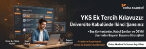 YKS Ek Tercih Kılavuzu: Üniversite Kabulünde İkinci Şans başlıklı, boş kontenjanlar, kabul şartları ve ÖSYM üzerinden başvuru stratejilerini gösteren Emissa Akademi eğitim danışmanlığı görseli.