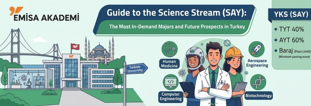 Infographic guide to the YKS Numerical Stream (SAY) showing medicine and engineering major prospects and TYT AYT exam weights in Turkey.